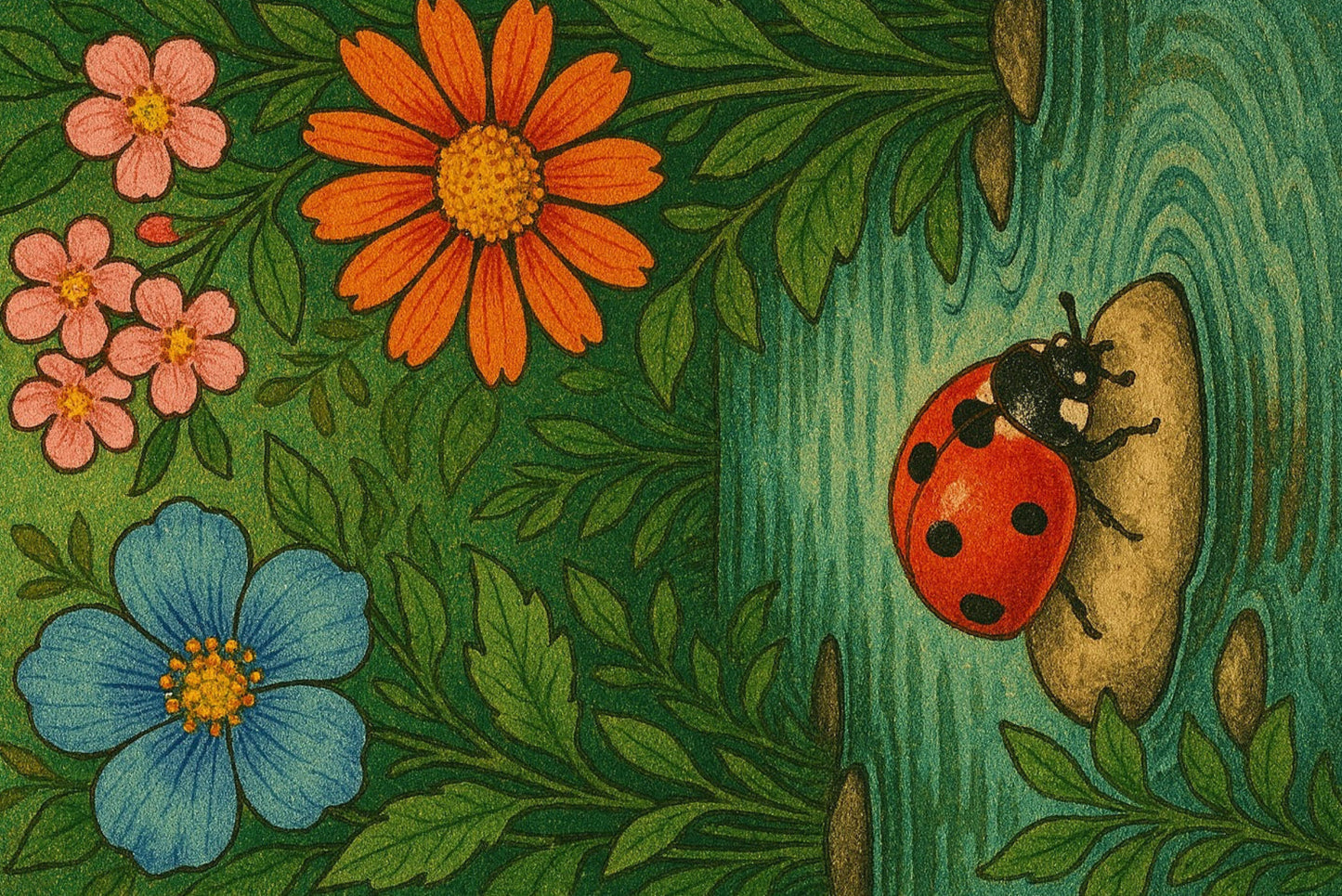 Ansichtkaart Aan de waterkant lieveheersbeestje