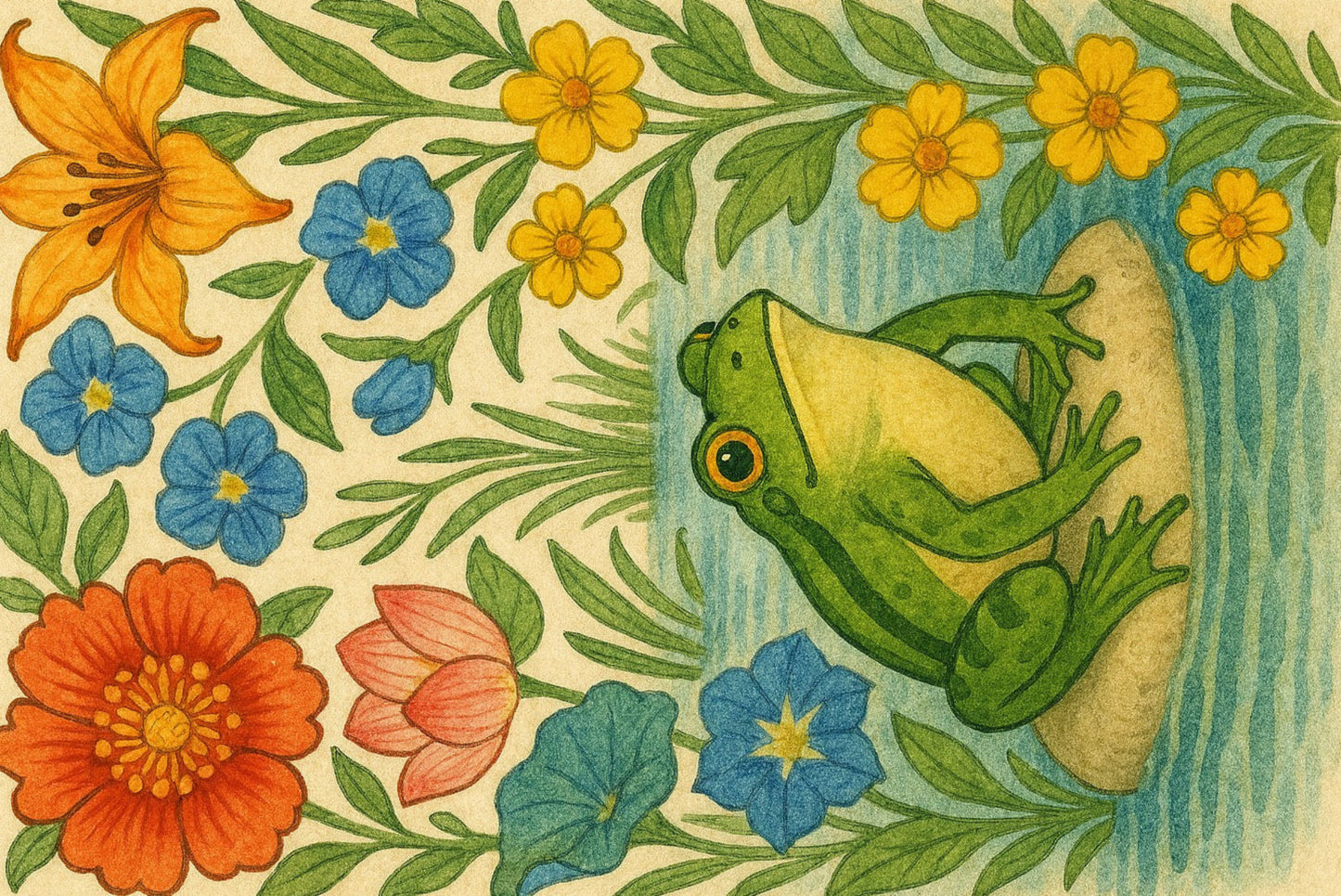 Ansichtkaart aan de waterkant kikker