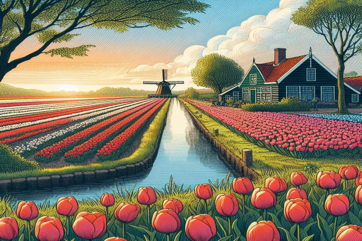 Ansichtkaart Nederlands Landschap met tulpenveld