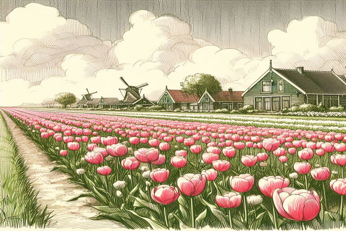 Ansichtkaart Nederlands Landschap met tulpen