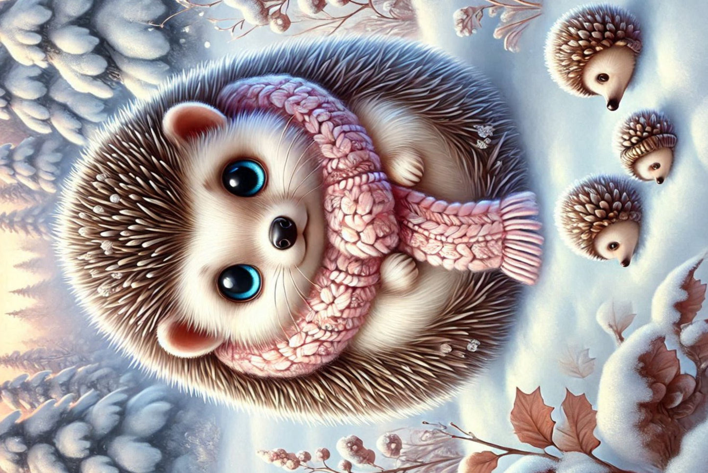 Ansichtkaart Winterdieren Egel met 3 jonkies