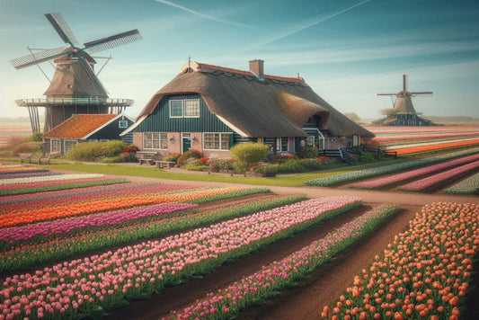 Ansichtkaart boerderij met tulpenveld