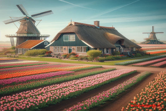 Ansichtkaart Boerderij met Tulpenveld