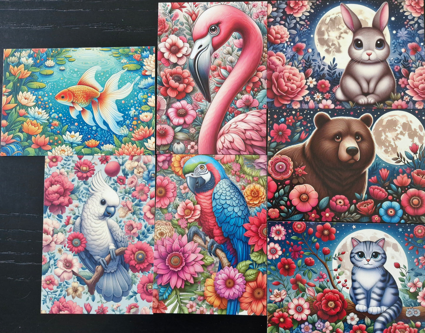 Set of 7 'Flower Animals' postcards