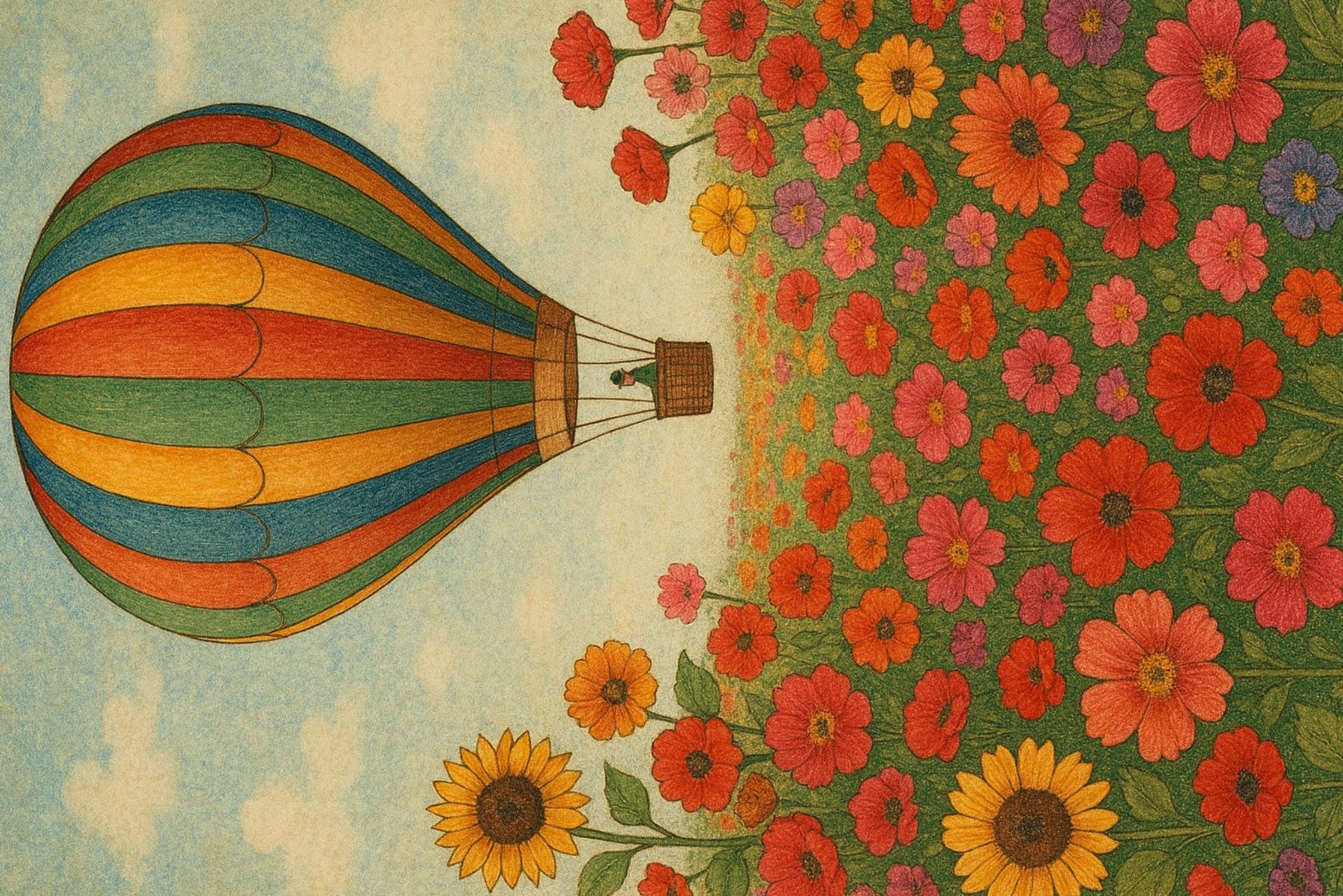 Ansichtkaart luchtballon boven bloemenveld