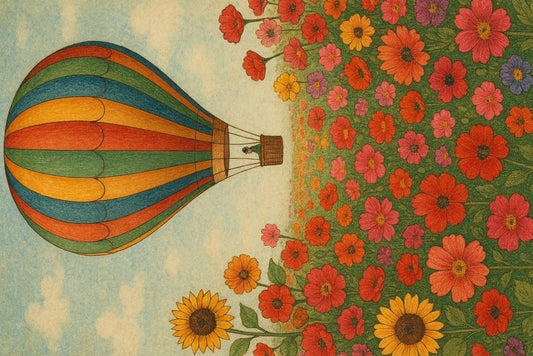 Ansichtkaart luchtballon boven bloemenveld