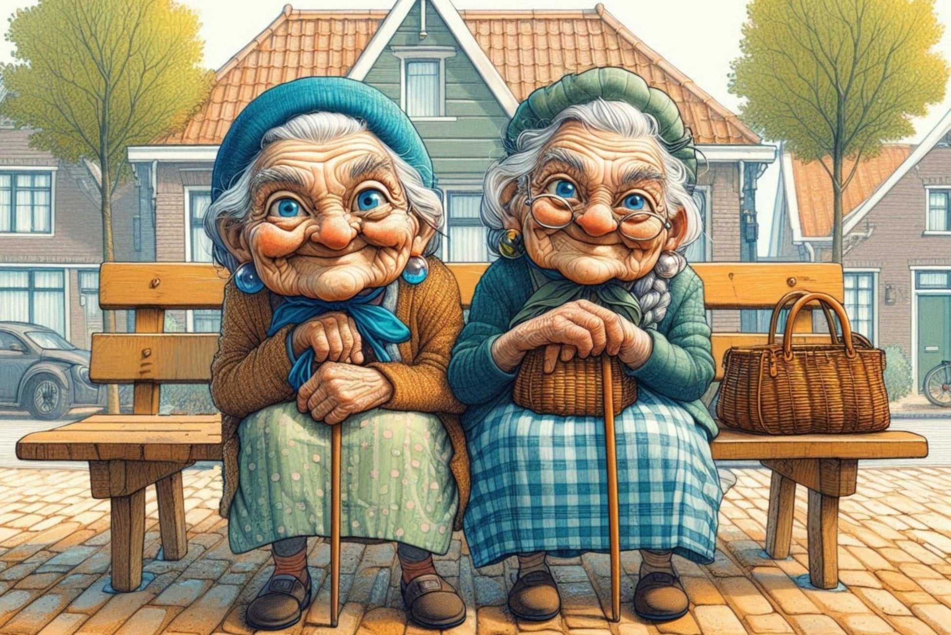 Ansichtkaart oma's op een bankje