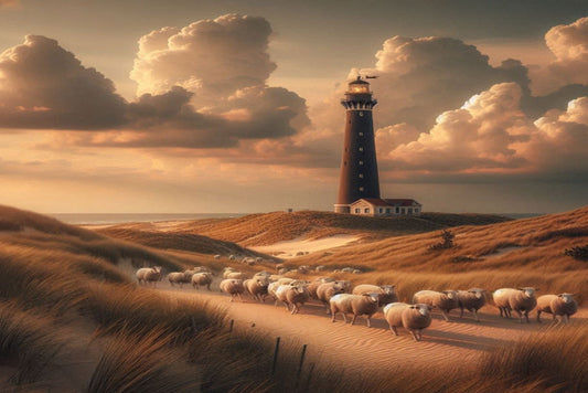 Ansichtkaart vuurtoren met schapen