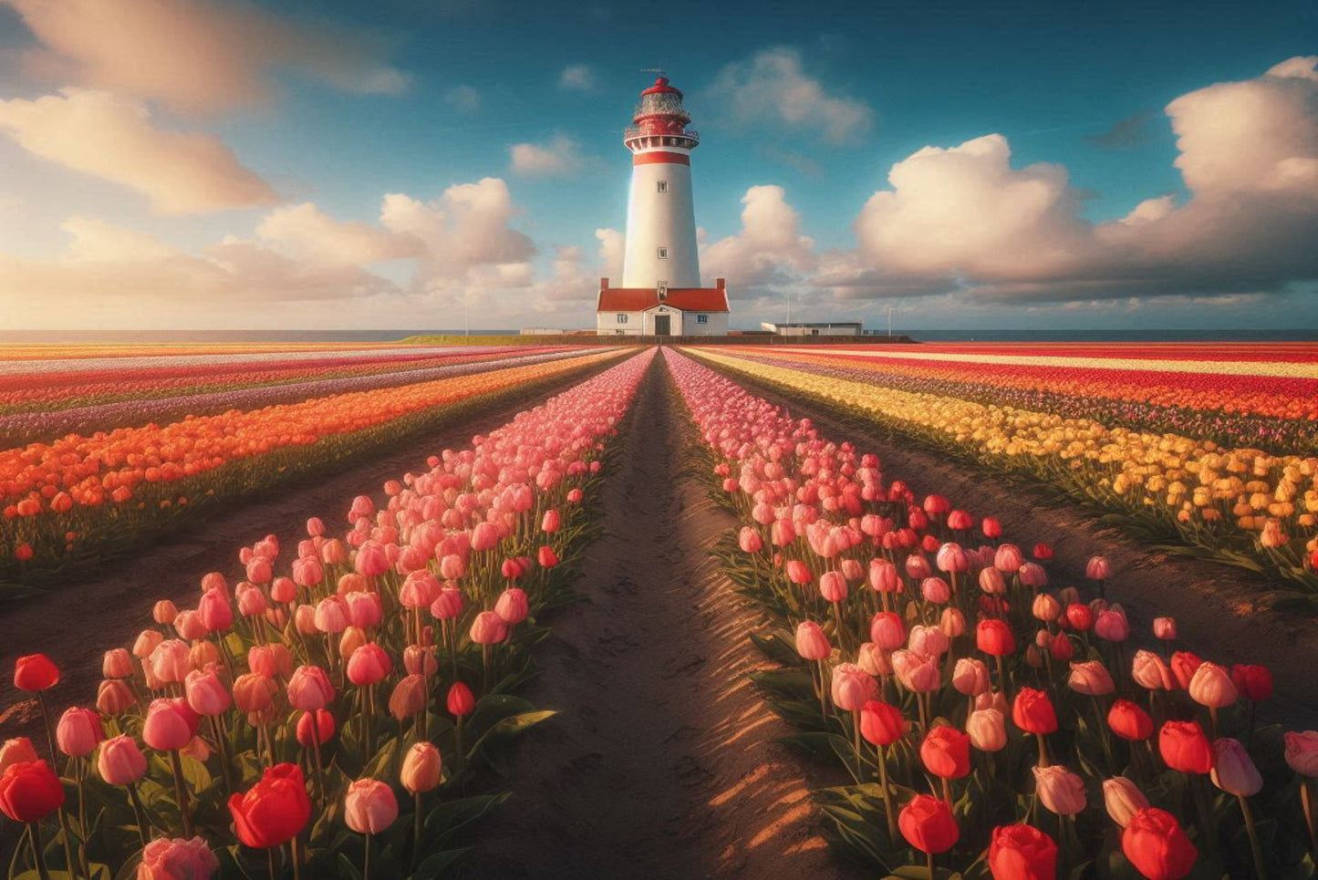 Ansichtkaart vuurtoren met tulpen