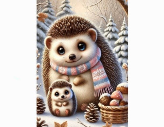 Postkarte Wintertiere - Igel mit Jungem