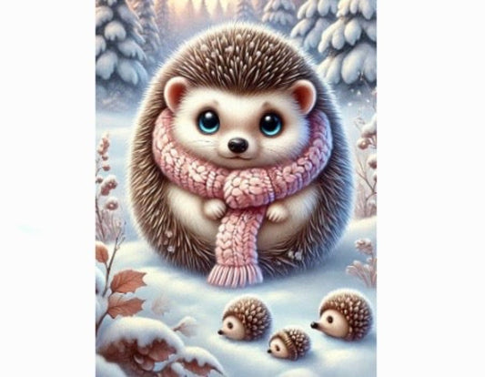 Postkarte Wintertiere - Igel mit 3 Jungen