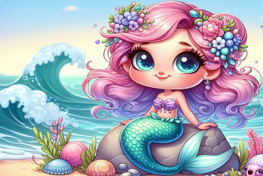 Ansichtkaart zeemeermin zittend op een steen